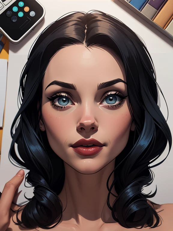 Personagem Christina Ricci cabelo preto estilo Morticia AddamsImagem de desenho animado de uma mulher .cartoon style illustration, estilo de arte dos desenhos animados, estilo de arte dos desenhos animados, digital illustration style, design de personagens altamente detalhado, arte digital detalhada fofa, City fan art, Design de personagens de retrato, beautiful digital illustration, retrato de alta qualidade, Arte em quadrinhos, young woman expressing sexual desire.