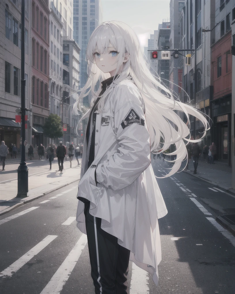 young boy,man,long hair,white hair,blue eyes,white dress,black pants,Standing in the middle of the city,realistic,4k,charming,very detailed,thin,