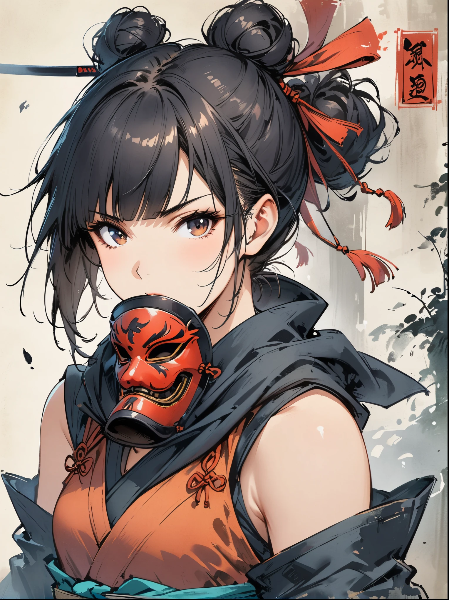 Scarlet concept art,Wearing a ninja costume with black and red accents,Black hair combed into a bun,Bangs cover half of the face,The mask covers the mouth,Only the chin is covered,Wearing a black eye mask around the neck,portrait from waist up,stand on the wall,The back is a samurai sword,Artstation style numbers, dynamic poses,Chinese ink style,film lighting。