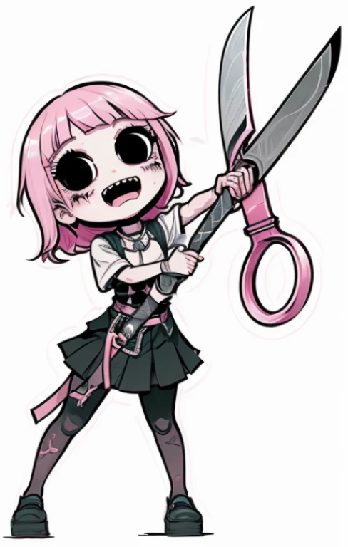 (,(masterpiece), (High resolution), (super delicate), (masterpiece: 1.2, highest quality), scribble, nightmare, doll-like face, cartoon style, rough sketch, Comic style illustration, (Horror elements), Japanese painting, full body,(snap shot),, That's horrible, (Creepy), Japanese carving,old picture scroll style, old staging, Ancient mural style, crazy illustration, dark atmosphere, flat illustration, Creepyな外観, cartoon girl with pink hair holding a pair of scissors, the god of small scissors!!, scissor person, scissors, chiaki nanami from danganronpa, scissors in hand, cartoon image, cute girl with pink short hair, Chibi, she has a sword, pink iconic character, she has a sword, soldier girl