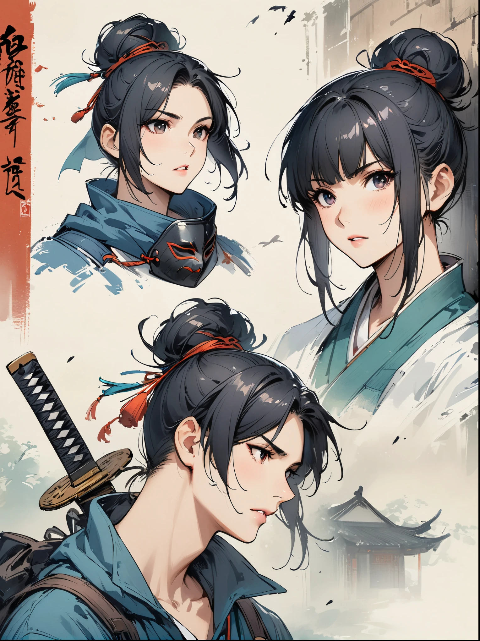 Scarlet concept art,Wearing a ninja costume with black and red accents,Black hair combed into a bun,Bangs cover half of the face,The mask covers the mouth,Only the chin is covered,Wearing a black eye mask around the neck,portrait from waist up,stand on the wall,The back is a samurai sword,Artstation style numbers, dynamic poses,Chinese ink style,film lighting。