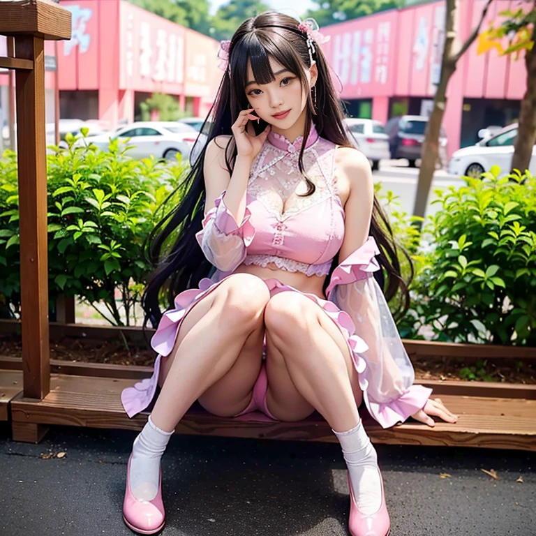 best quality, masterpiece, lifelike, 1 girl, alone, eternal, black hair, Long curly hair, blunt bangs, Smile, pink skirt, pink ta dress, layered skirt, Lolityle long skirt,分層連衣裙 lace-trimmed 裙子, decorate, lace, long sleeve, puff sleeves, wide sleeves, Transparent sleeves, hair accessories, 在flower园里, flower, Detailed background, delicate face,pink blush,white及膝襪, Pink shoes,cold,Lots of lace,((masterpiece))、(top quality)、8K、high detail、super detailed、 21 years old female,穿着pink lolita d((dreamy atmosphere:1.1))、Seductive and whimsical style、masterpiece、born、Scenes resembling fairy tale illustrations、intricate details展示了洛丽塔礼服的荷叶边和复杂的设计、capricious、 beautifully、Dream aesthetics、「𝓡𝓸𝓶𝓪𝓷𝓽𝓲𝓬、ethereal、charming、fickle、magic」、realism、Visual effects、FXAA、SSAO、shader、voiceless、environmental lighting、Tone mapping、High resolution、ultra high definition、megapixel、(8K resolution:1.10)、8K、8K resolution、high detail、intricate details、 (high quality:1.2、masterpiece:1.2、:1.21)、(21 years old female:1.21)、(興奮地Smile)、(Surrounded by the dreamy atmosphere of an amusement par色洛丽塔连衣裙、Her eyes were full of surprise and joy、I took a lot of geek photos、High heel、Model diagram,full-body shot,Knee-high white的 lace socks,Sweet Lolita,Normafeet,Pink shoes,Baotou shoes,full-body shot,不要exposed你的手指,Emphasize the volume of the skirt,exposed,huge breasts,white,The skirt flew up,spread your legs,low cut,exposed,hair accessories,big skirt dress,If you shoot diagonally upward, you can see my underwear