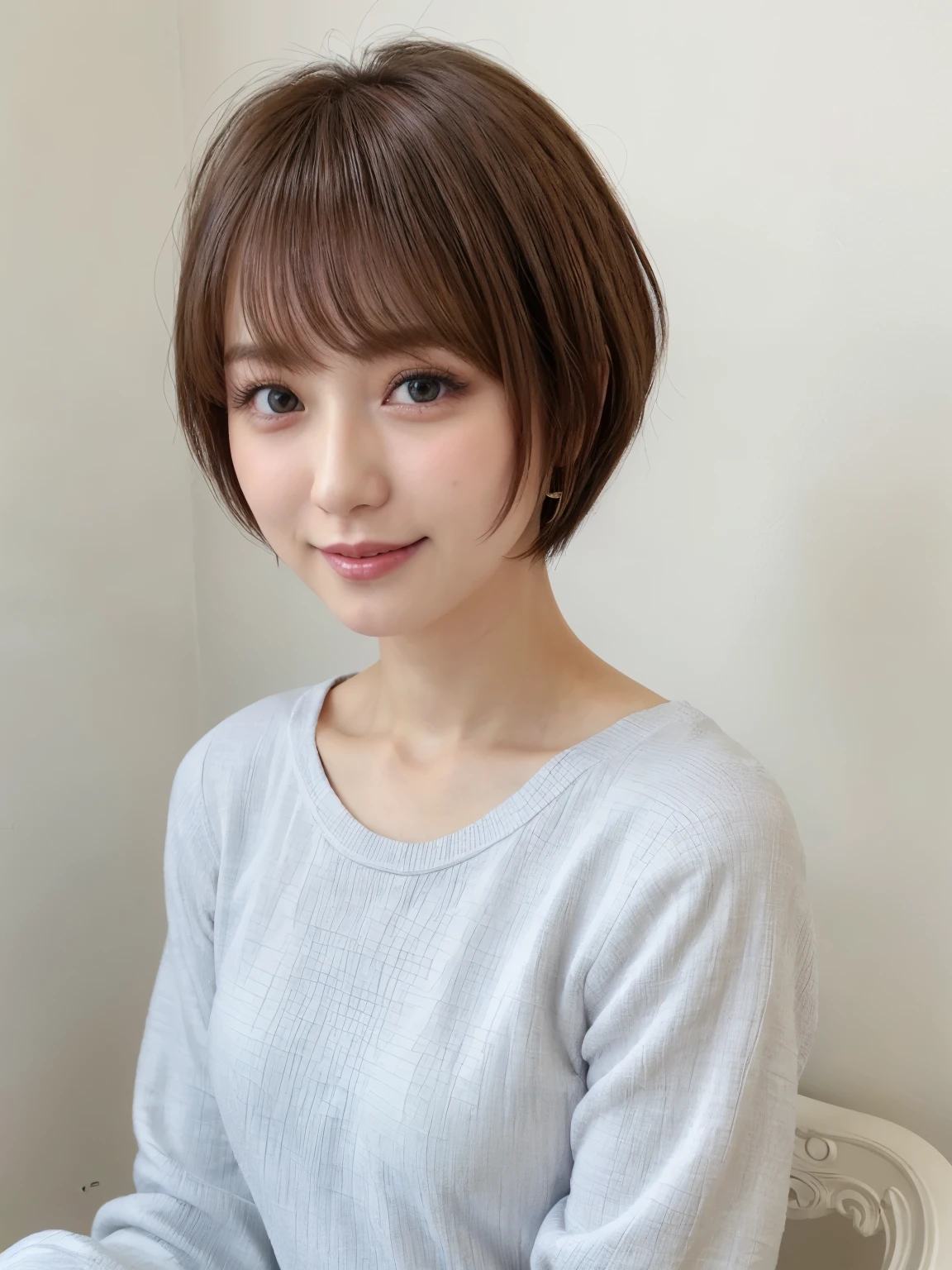 (highest quality、8K、32k、masterpiece、nffsw:1.2)、Photo of beautiful Japan woman in her 30s、very short hair、short hair、shortcut、Upper body、necklace、shot from above、don't look at the camera、(realistic、Photoreal:1.37)、1 girl、Photographed in natural light、Physically based rendering、excellent image quality、High resolution、1080p、(Detailed facial description)、(Detailed explanation of hands)、(Detailed CG)、Rich details、(exquisite features)、(best image quality)、(masterpiece)、(fine eyes)、delicate clavicle、Various poses、profile、white wall、Taken in front of the white door、(窓のあるwhite wallの部屋)、earrings、laughter、spring clothes、((long sleeve dress))