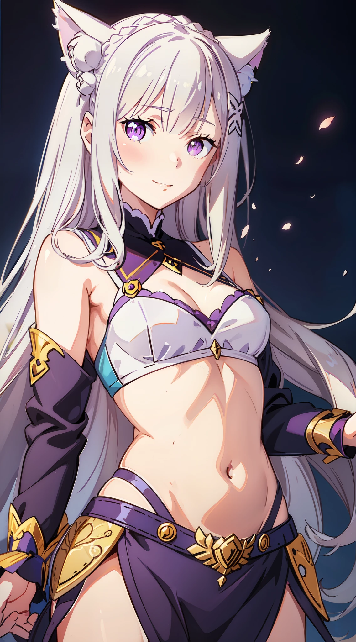 Young girl, long white hair,Emilia re:zero, purple eyes, Emilia, crown braid, x hair ornament, flower hair ornament, white hair, long hair, medium breasts,, cat ears, combat robe, sleeveless, open belly, inner, smile, masterpiece, high quality