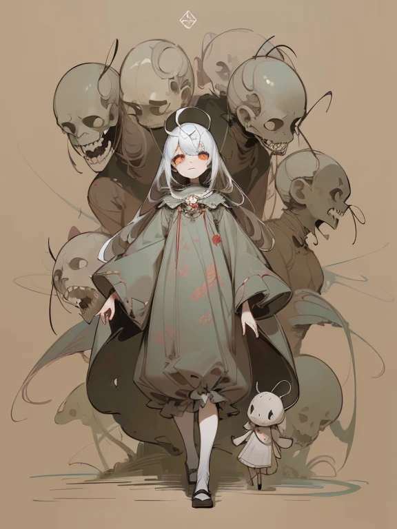 (,(masterpiece), (High resolution), (super delicate), (masterpiece: 1.2, highest quality), scribble, nightmare, doll-like face, cartoon style, rough sketch, Comic style illustration, Japanese painting, full body,(snap shot), flat illustration, creepy appearance, unique atmosphere、A human being surrounded by a large number of insects、Grotesque background、