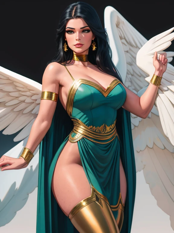 (best quality,8k:1.2,high resolution:1.2),ultra-detalhado,Realistic,vintage godess female,long black straight hair,rosto extremamente detalhado,long eyelashes,big white angel wings,soft blue and green dress with gold details,suntan pantyhose,metalic accessories,Physically-based rendering,sharp focus,white neutral background