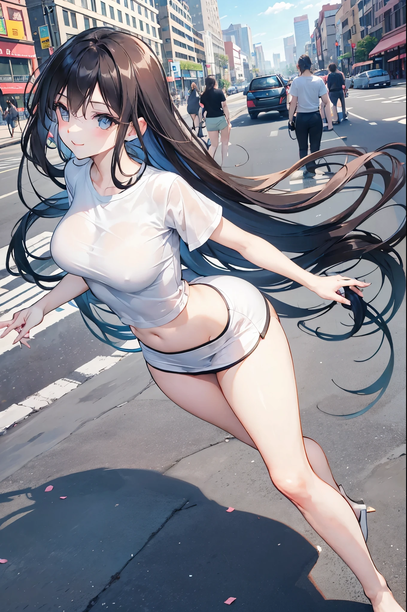 A beautiful woman with long, flowing hair wears a stylish short t-shirt that accentuates her curves as she confidently strolls down the bustling street. Her radiant smile and graceful movements catch the attention of passersby, adding an aura of charm to the urban landscape.