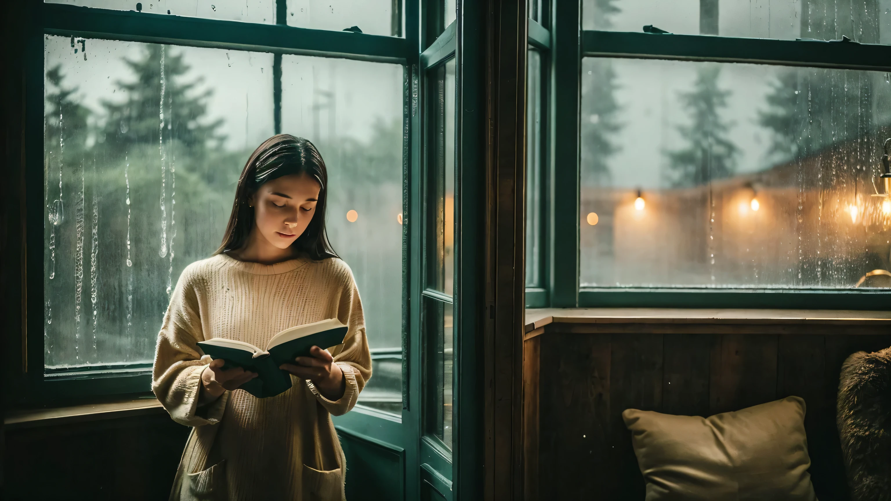 (best quality), (masterpiece), a person reading a book by the window on a rainy day, (rainy day:1.3), (window:1.1), (book:1.2), (indoors:1.2), (cozy atmosphere:1.15), (peaceful:1.1), (relaxing:1.1), (soft light:1.2), (vintage aesthetic:1.2), one women