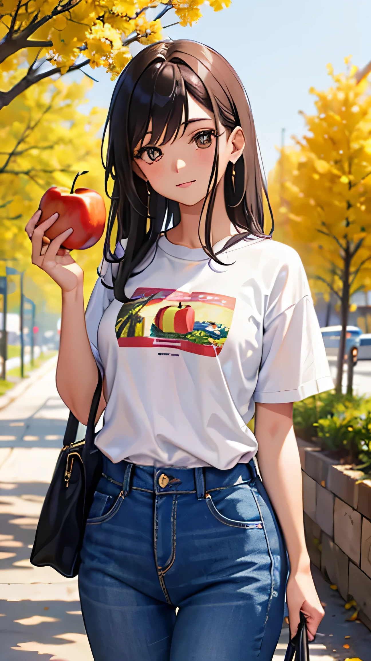 Una chica Toma manzanas del manzano. Camisa con botones a cuadros denim pant campo huertos de manzanas {{humano}}