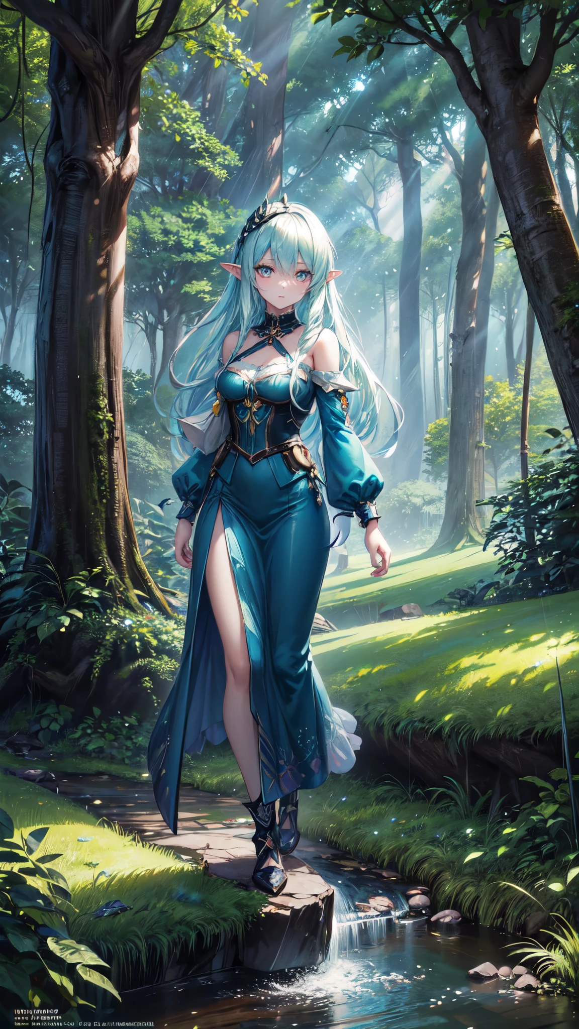 a woman, detailed face, detailed eyes, detailed hands, neon color, with long hair and a blue dress standing in a forest, extremely detailed artgerm, fanart best artstation, detailed digital anime art, 8k high quality detailed art, anime fantasy artwork, epic fantasy art style, fantasy art style, advanced digital anime art, an elf queen, rossdraws sakimimichan, trending on artstation pixiv, background, (Realistic:1.5) EdobFairyTaleLandscape, stream, mushroom, leaf, floating island, rain, sunbeam, bird, forest, lamppost, building,full body