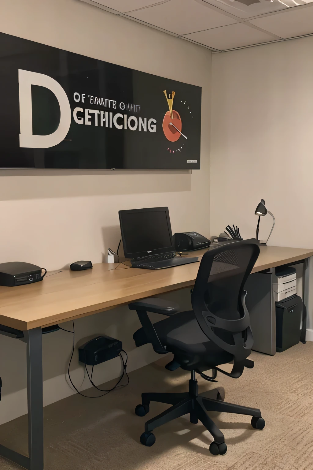 Create a digital illustration or design of an office setting. The image should depict a desk or table in the foreground with various certificates or diplomas spread out on it. In the background, there should be a wall with a banner prominently displayed. The banner should have the following text written in Portuguese: 'Fundação Getulio Vargas – FGV'. Ensure that the name of the company is legible and stands out against the background. Add details to make the scene look realistic, such as office supplies, chairs, and other decorations. Feel free to use graphic design software or drawing tools to create the image