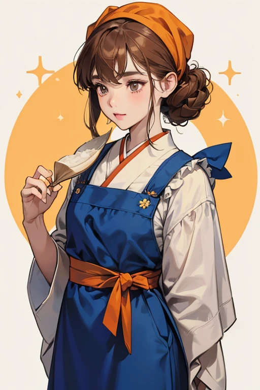 Daisy Mae is a small boar with deep orange cheeks. She has brown hair styled in straight bangs. Small curls peek out of her white headscarf. A notable feature is her nose drip, which hangs from her left nostril.
Her outfit consists of a blue kimono style dress, along with a matching blue apron. The apron is tied by a red sash, topped with a bow. Daisy Mae carries a bowl of turnips on her head tied on with red string. SPARKLE; GLITTER