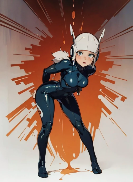white helmet, ((perfect symmetrical eyes: 1.2)), perfect proportions, anatomically correct, (head to toe: 2.0), (full body image: 2.0), 1girls, solo, (Casshern: 1.6), extremely stylized, deviant art, masterpiece, highly detailed, bright eyes, ((wide hips)), detailed eyes, expressive detailed eyes, wide eyed, detailed pupils, futuristic, ((1950s scifi helmet)), ((pointy helmet)), Rubber Gloss, blush, (rubber skinsuit:1.4), fur lined white boots, blush, small breasts, lots of freckles, super textured detailed skin, entire body image, full body shot, nvinkpunk, professional photograph of alexander_skarsgard, tassles, large beads, navy blue orange and white, ((crouching)), cyberpunk, inkpunk