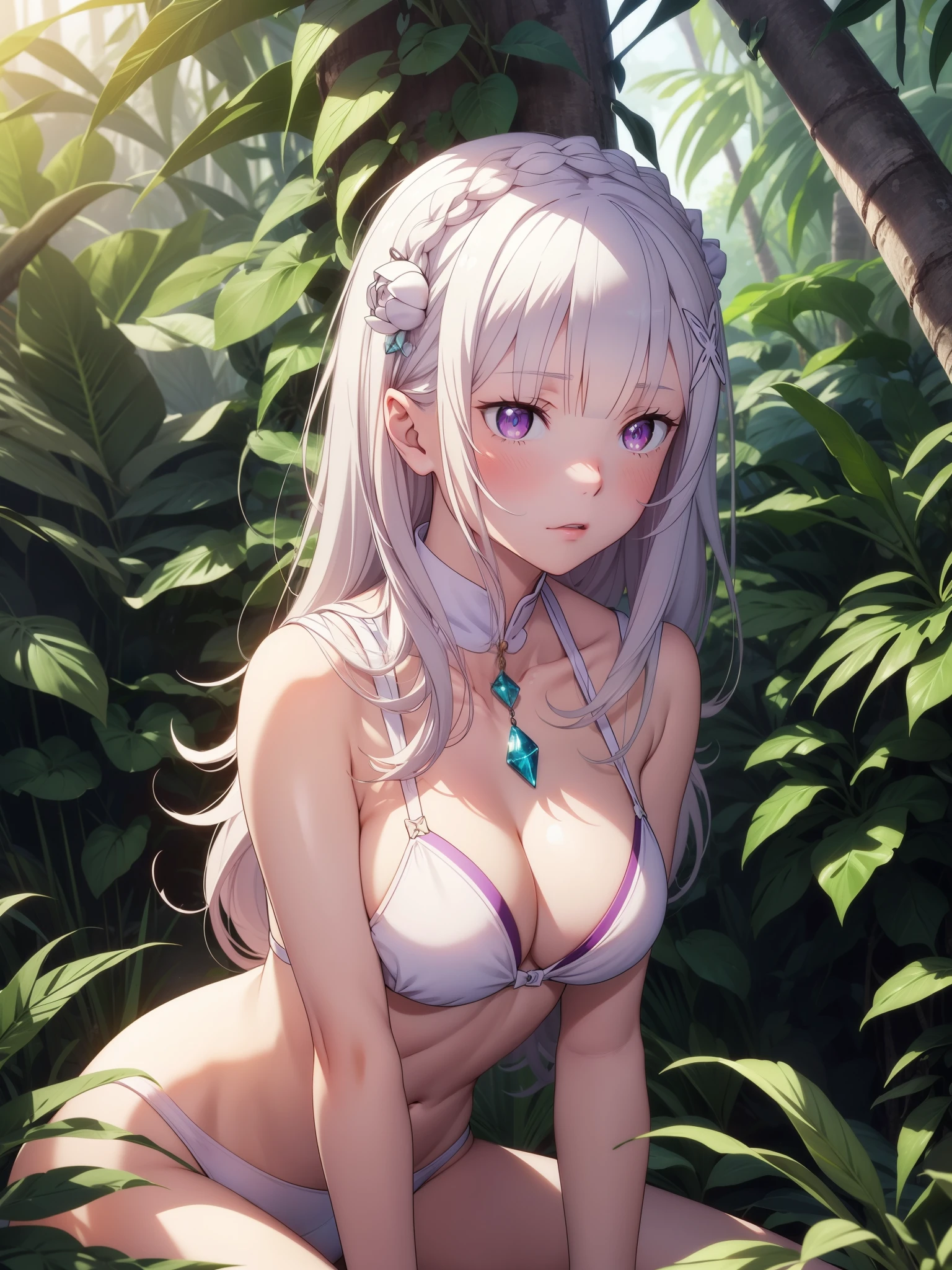 Top quality ultra-detailed CG art、a white bikini、Emilia re:zero, purple eyes, Emilia, crown braid, x hair ornament, flower hair ornament, white hair, long hair, medium breasts,sixteen years old、 body type、red blush、sitting on、jungles、On all fours、The length of hair to the shoulders、