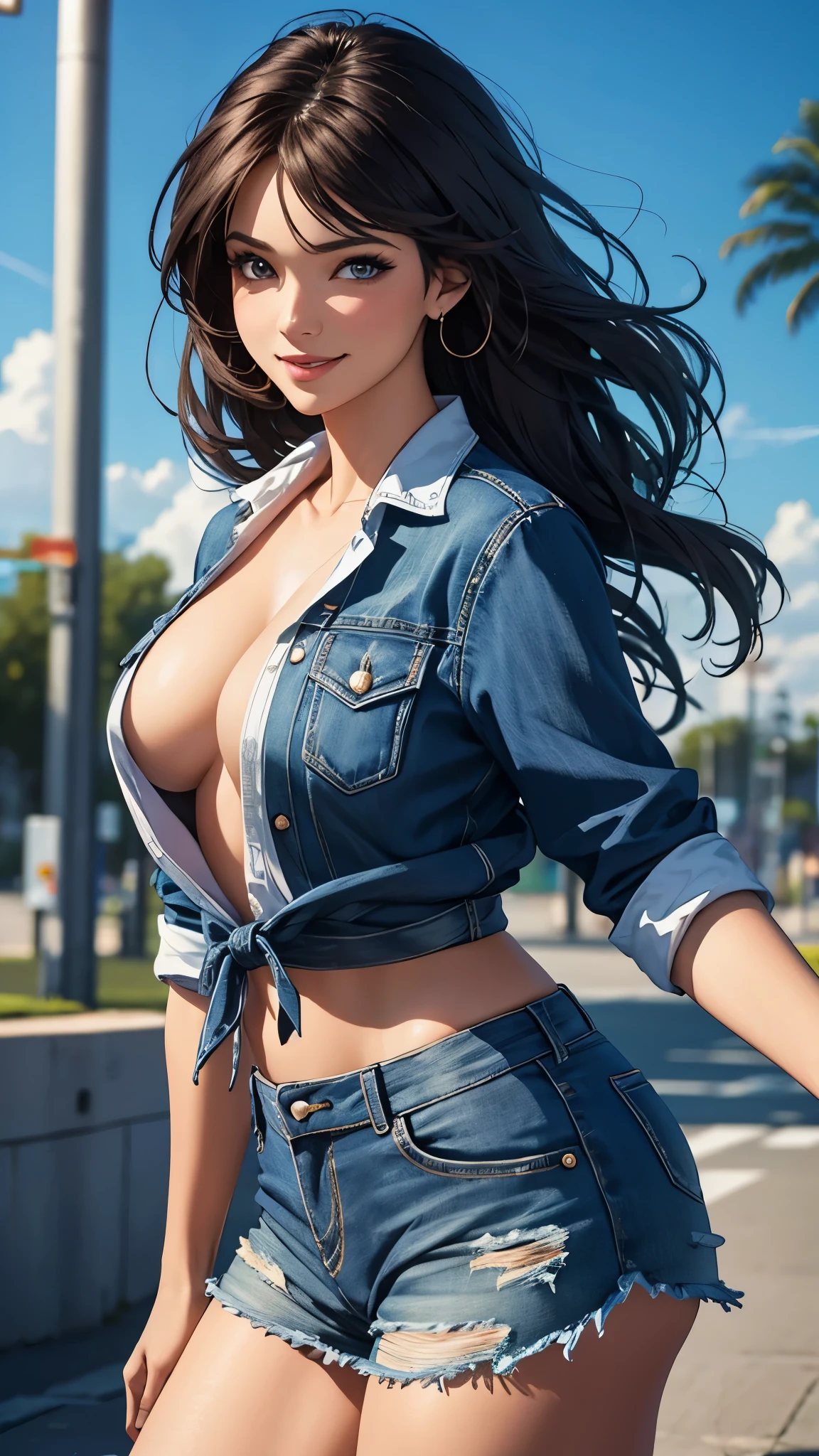 (best quality,ultra-detailed,photo-realistic:1.37),bright and vibrant colors,studio lighting,playful expression,stylish makeup, jean mini skirt,hair flowing in the wind,alluring eyes,glossy lips,sexy pose, smiling in a confident and seductive way,posing for a professional photoshoot,shallow depth of field,highlighting the main subject,soft natural lighting,creating a dreamy and magical atmosphere.
