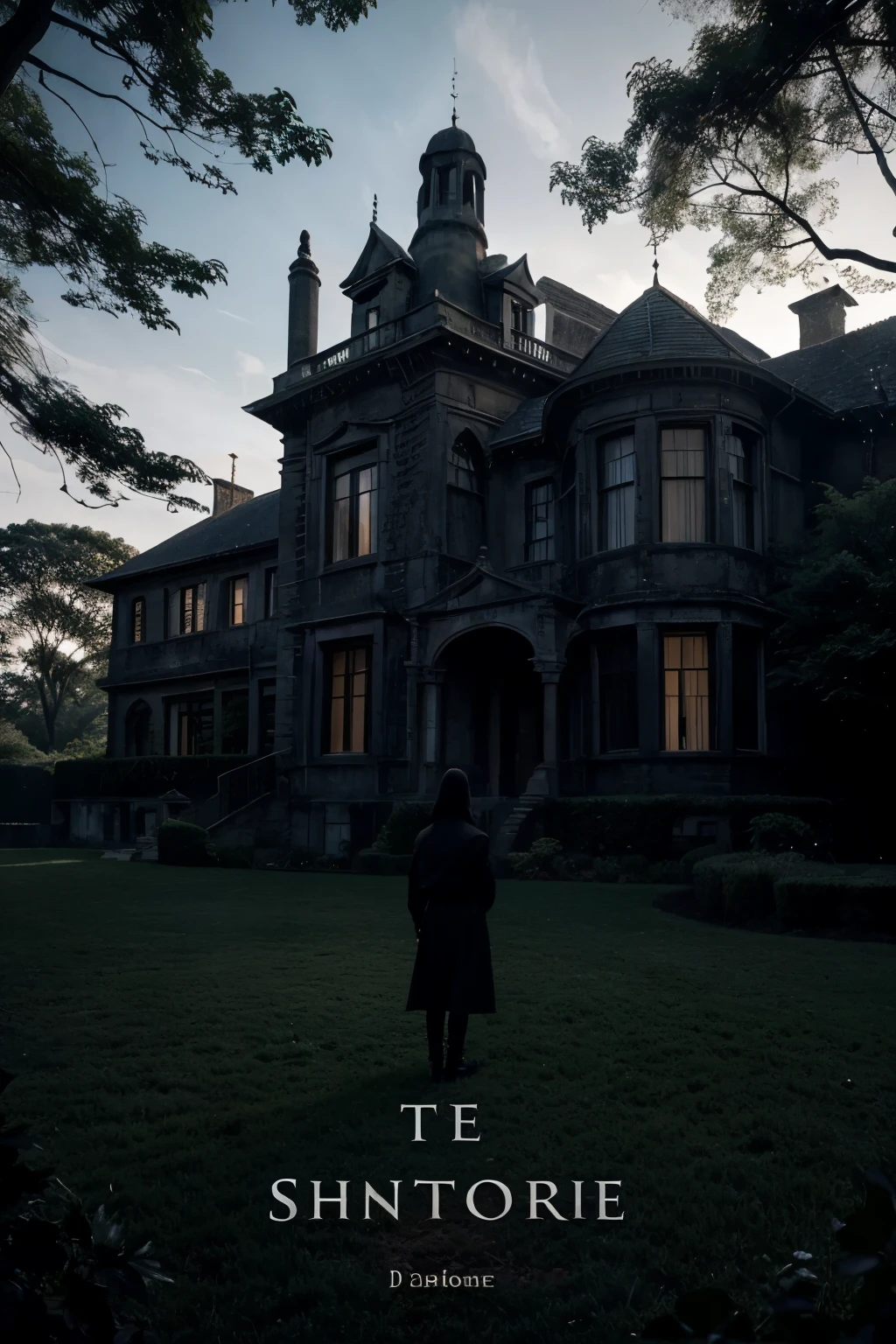 The cover could feature a dark and imposing mansion on top of a hill, envolta em neblina e cercada por uma floresta densa. In front of the mansion, a mysterious figure standing, looking at the horizon with an enigmatic expression. Around the mansion, sombras se estendem, sugerindo os perigos e segredos que aguardam dentro. The title of the book, "Captive in the Shadows", poderia estar em letras ousadas e sombrias, adding to the atmosphere of mystery and suspense. Don't forget the title of the book