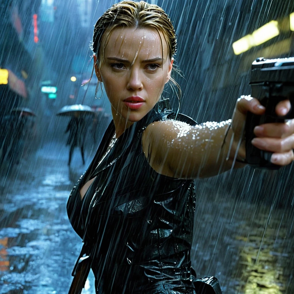 scarlett Johansson Matrix neo movements weapons realistic rain