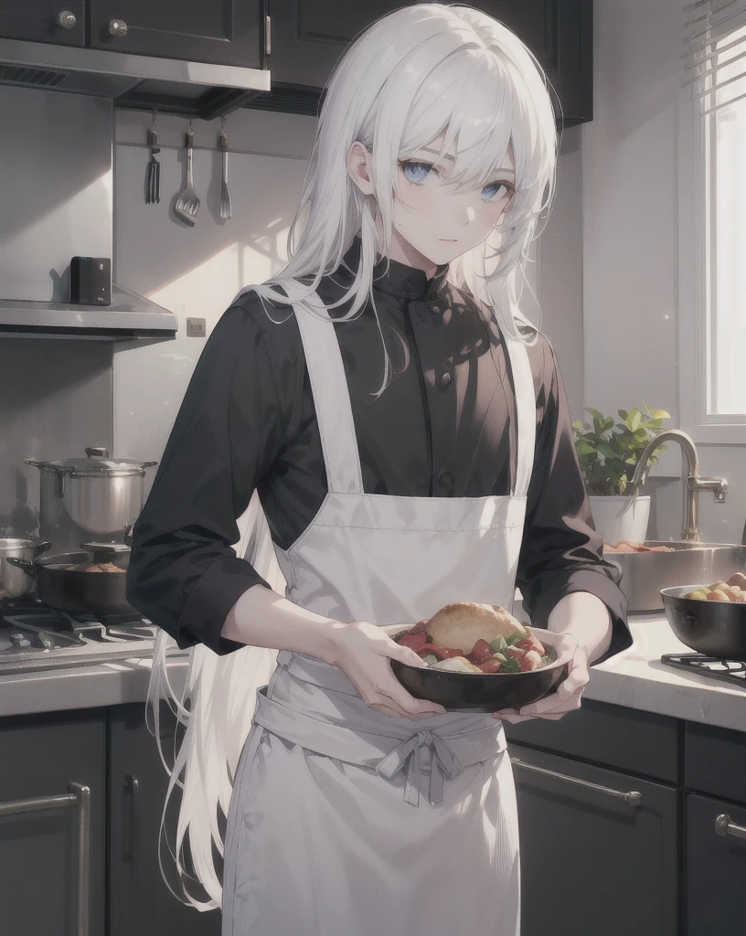young boy,man,long hair,white hair,blue eyes,white dress,black pants,kitchen,cook,realistic,4k,charming,very detailed,thin,