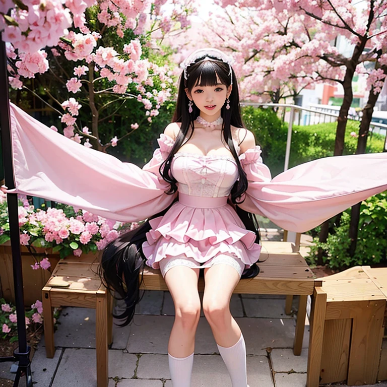best quality, masterpiece, lifelike, 1 girl, alone, eternal, black hair, Long curly hair, blunt bangs, Smile, pink skirt, pink ta dress, layered skirt, Lolityle long skirt,分層連衣裙 lace-trimmed 裙子, decorate, lace, long sleeve, puff sleeves, wide sleeves, Transparent sleeves, hair accessories, 在flower园里, flower, Detailed background, delicate face,pink blush,white及膝襪, Pink shoes,cold,Lots of lace,((masterpiece))、(top quality)、8K、high detail、super detailed、 21 years old female,穿着pink lolita d((dreamy atmosphere:1.1))、Seductive and whimsical style、masterpiece、born、Scenes resembling fairy tale illustrations、intricate details展示了洛丽塔礼服的荷叶边和复杂的设计、capricious、 beautifully、Dream aesthetics、「𝓡𝓸𝓶𝓪𝓷𝓽𝓲𝓬、ethereal、charming、fickle、magic」、realism、Visual effects、FXAA、SSAO、shader、voiceless、environmental lighting、Tone mapping、High resolution、ultra high definition、megapixel、(8K resolution:1.10)、8K、8K resolution、high detail、intricate details、 (high quality:1.2、masterpiece:1.2、:1.21)、(21 years old female:1.21)、(興奮地Smile)、(Surrounded by the dreamy atmosphere of an amusement par色洛丽塔连衣裙、Her eyes were full of surprise and joy、I took a lot of geek photos、High heel、Model diagram,full-body shot,Knee-high white的 lace socks,Sweet Lolita,Normafeet,Pink shoes,Baotou shoes,full-body shot,不要exposed你的手指,Emphasize the volume of the skirt,exposed,huge breasts,white,The skirt flew up,spread your legs,low cut,exposed,hair accessories,big skirt dress,If you shoot diagonally upward, you can see my underwear,standing