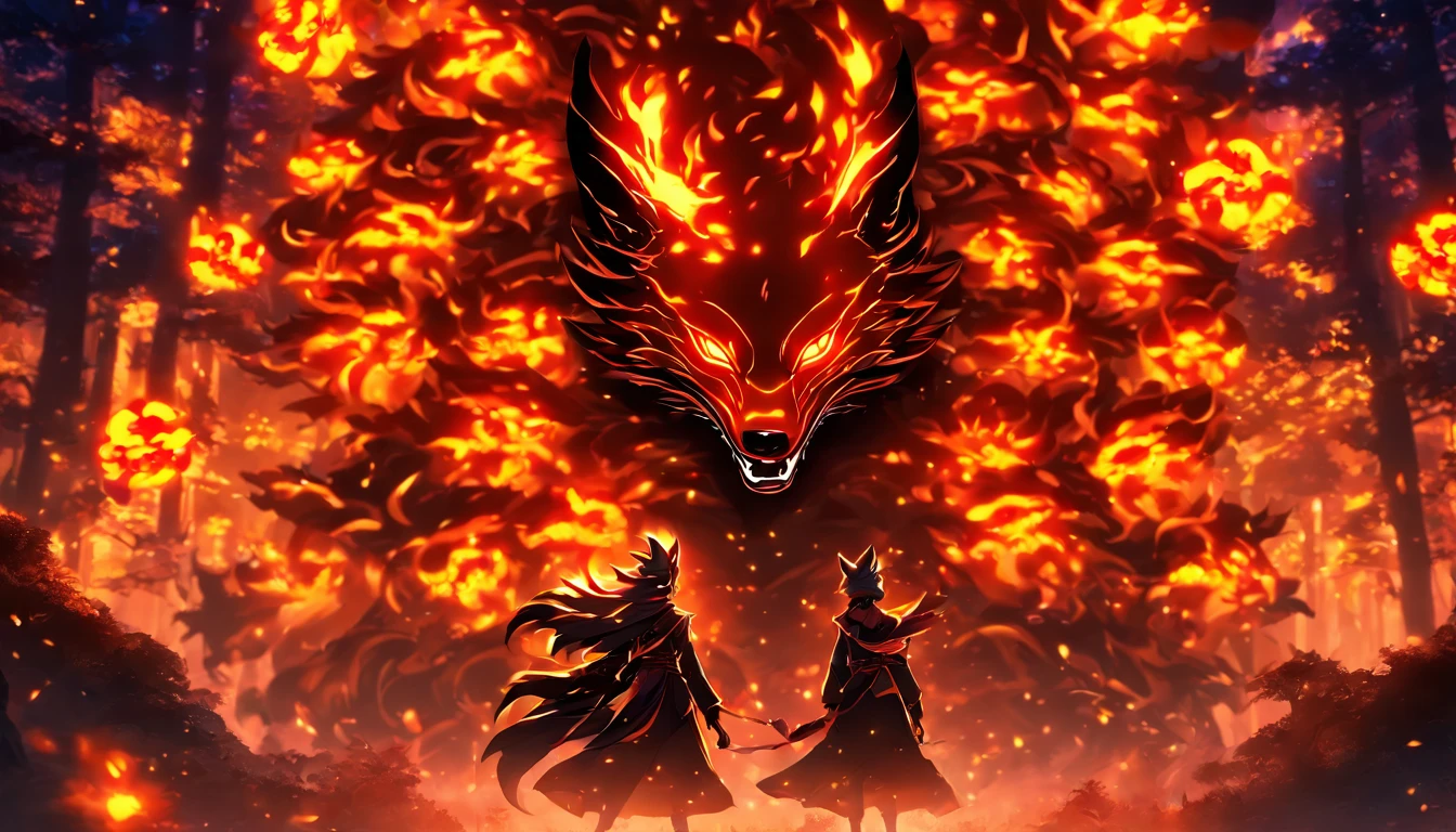 nine tailed fox monster mask ,magic tree, china ,forest, darkness, developmental, black fire, hd