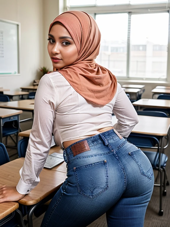 portrait, ((view from above)), (birds eye perspective), In an empty classroom, a youngvoluptuous  (hijabi) (muslim) confidently stood presenting her ass to viewer, ready to showcase her unique style and personality. She wore ((fitted sexy jeans)) and (long sleeves shirt), creating a fashionable ensemble that expressed her individuality. With a full face of makeup, her expressive mouth became the focal point of her captivating presence. Her lips were adorned with a vibrant shade, reflecting her confidence and boldness. As she stood, her expressive mouth conveyed a sense of playfulness and enthusiasm, radiating positivity and energy. Her hourglass figure was tastefully accentuated by her (fitted sexy jeans), The modern (hijab) and long sleeves shirt combination allowed her to express her personal style while adhering to school dress codes. fit body, round ass, protruding ass