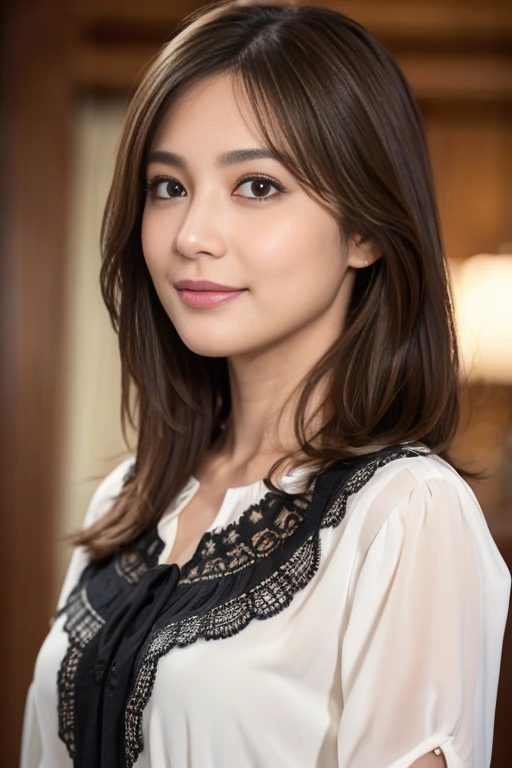(RAW photo), (Photoreal), (masterpiece), (highest quality), High resolution, 8K resolution, (intricate details), (light with volume), Portrait, woman, 40 years, middle hair, straight hair, layered hair, brown haired, highly detailed eyes, ordering sauce, highly detailed eyebrows, highly detailed skin, highly detailed mouth, highly detailed nose, cute like an idol, Smile, ((thick lips)), ((look at the audience)), (classy blouse)