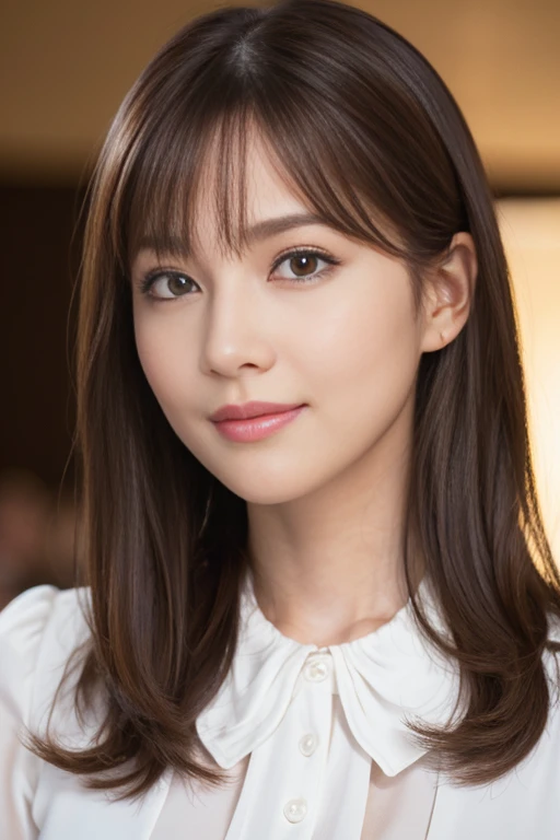 (RAW photo), (Photoreal), (masterpiece), (highest quality), High resolution, 8K resolution, (intricate details), (light with volume), Portrait, woman, 40 years, middle hair, straight hair, layered hair, brown haired, highly detailed eyes, ordering sauce, highly detailed eyebrows, highly detailed skin, highly detailed mouth, highly detailed nose, cute like an idol, Smile, ((thick lips)), ((look at the audience)), (classy blouse)