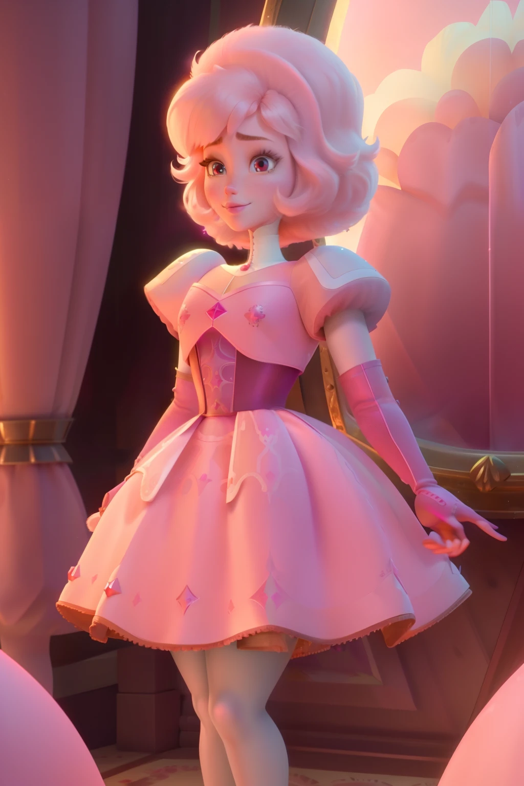 pnkdamond, pink hair, pink eyes,  big hair,  stomach gem,  pink skin,  toned, 
puffy short sleeves, elbow gloves ,  white thighhighs,   puffy dress, 
standing, upper body, 
 outerspace,  
(insanely detailed, beautiful detailed face,beautiful detailed eyes, masterpiece, best quality) cinematic lighting,  smile, 
 