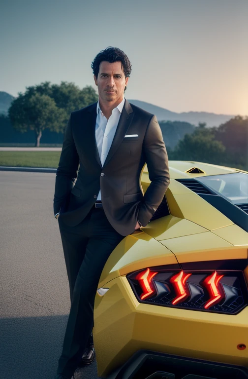Handsome male body, 38 years old, middle aged, black hair, short and curly, ((full body)), wearing a suit, success, formal wear, wear social shoes, long sleeve, (((Photo of a medium-sized aircraft)), perfect composition, Complex, symmetrical, soft lighting, Complex details, very detailed, unreal engine, studio photography, masterpiece, Expert, Extremely detailed, 4K resolution, realistic pictures, realistic anatomy, dramatic lighting, professional lighting, degrees of freedom, blurred background, A scenario with a yellow Lamborghini model in the background