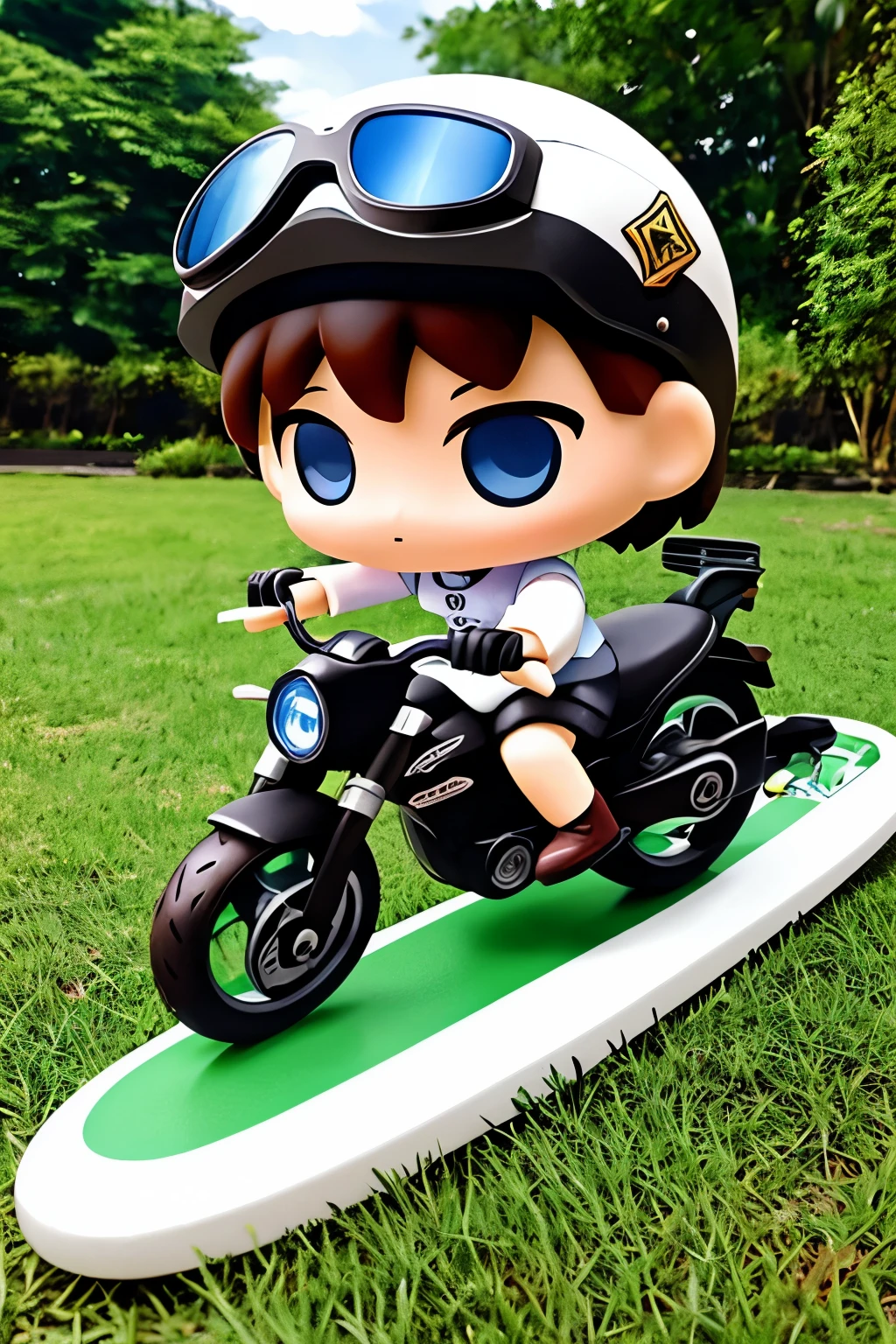 ()Please express the contents inside with a chibi girl doll.(Photoreal、Kickboard Racer、goggles、youth、after school、garden)