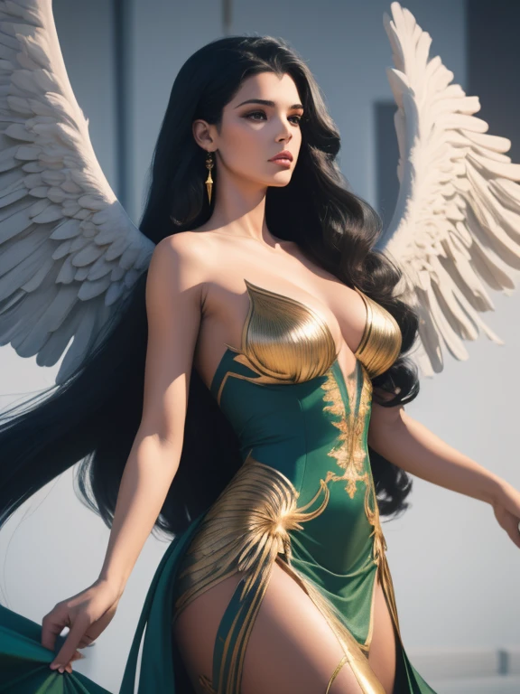 (best quality,8k:1.2,high resolution:1.2),ultra-detalhado,Realistic,vintage godess female,long black straight hair,rosto extremamente detalhado,long eyelashes,big white angel wings,soft blue and green dress with gold details,suntan pantyhose,metalic accessories,Physically-based rendering,sharp focus,white neutral background