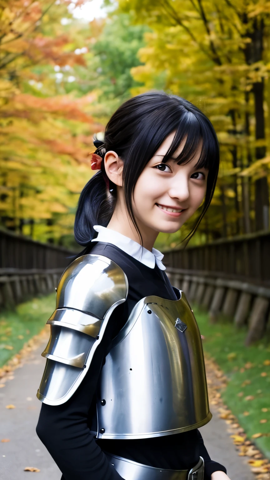 art：Yagul Magic, Teenage girl wearing black knight armor, angry smile, 2010s Kyoto Animation style, 公式art, ((((black hair)), Suzumiya Haruhi&#39;s eyes, face of Haruhi Suzumiya)), Beautiful symmetrical face, ponytail, In a medieval European castle on an autumn day, fantasy, alone, alone, 8K, Haruhi Suzumiya pose