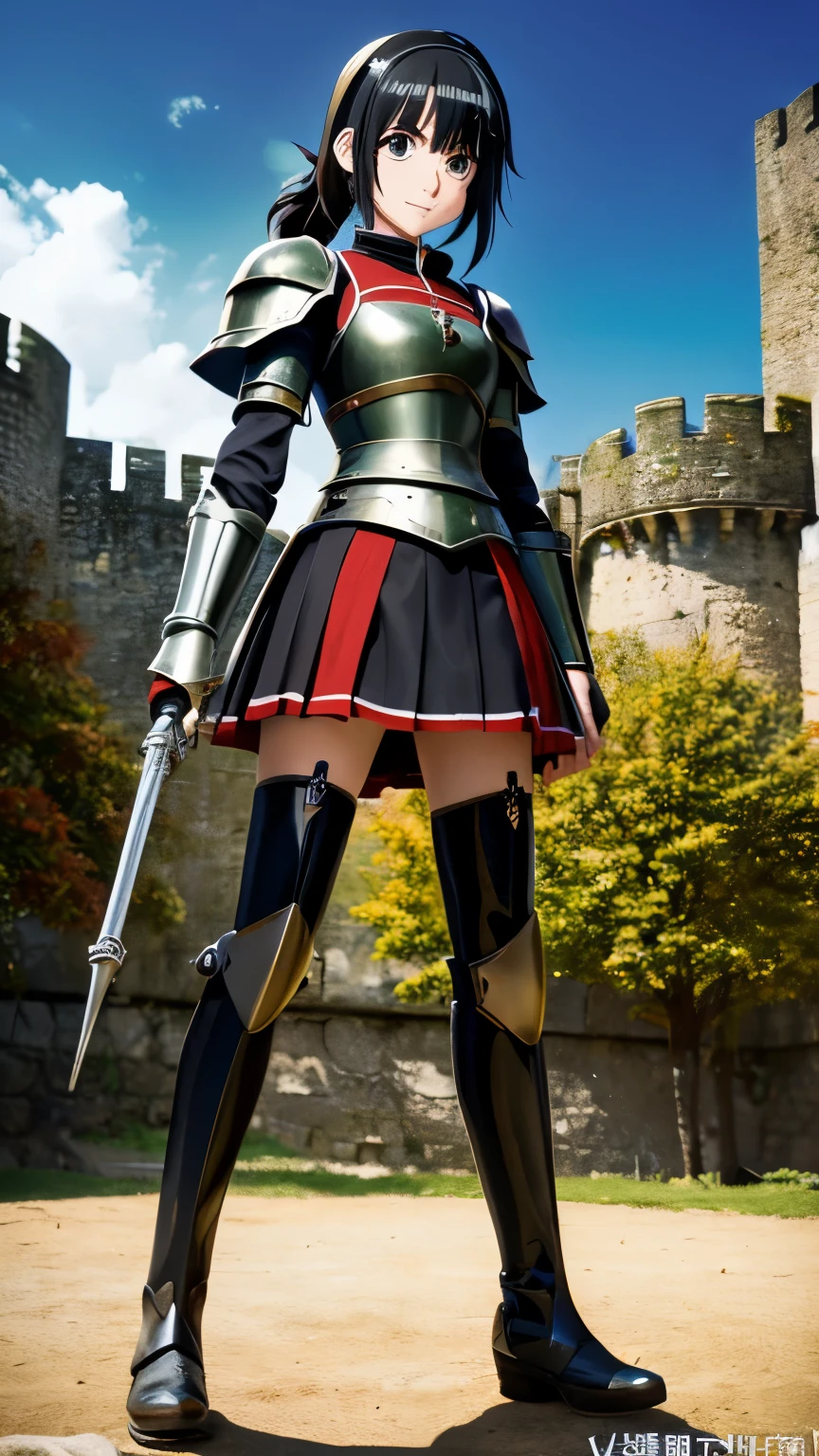 art:Yagul Magic, Teenage girl wearing black knight armor, angry smile, 2010s Kyoto Animation style, 公式art, ((((black hair)), Suzumiya Haruhi's eyes, face of Haruhi Suzumiya)), Beautiful symmetrical face, ponytail, In a medieval European castle on an autumn day, fantasy, alone, alone, 8K, Haruhi Suzumiya pose