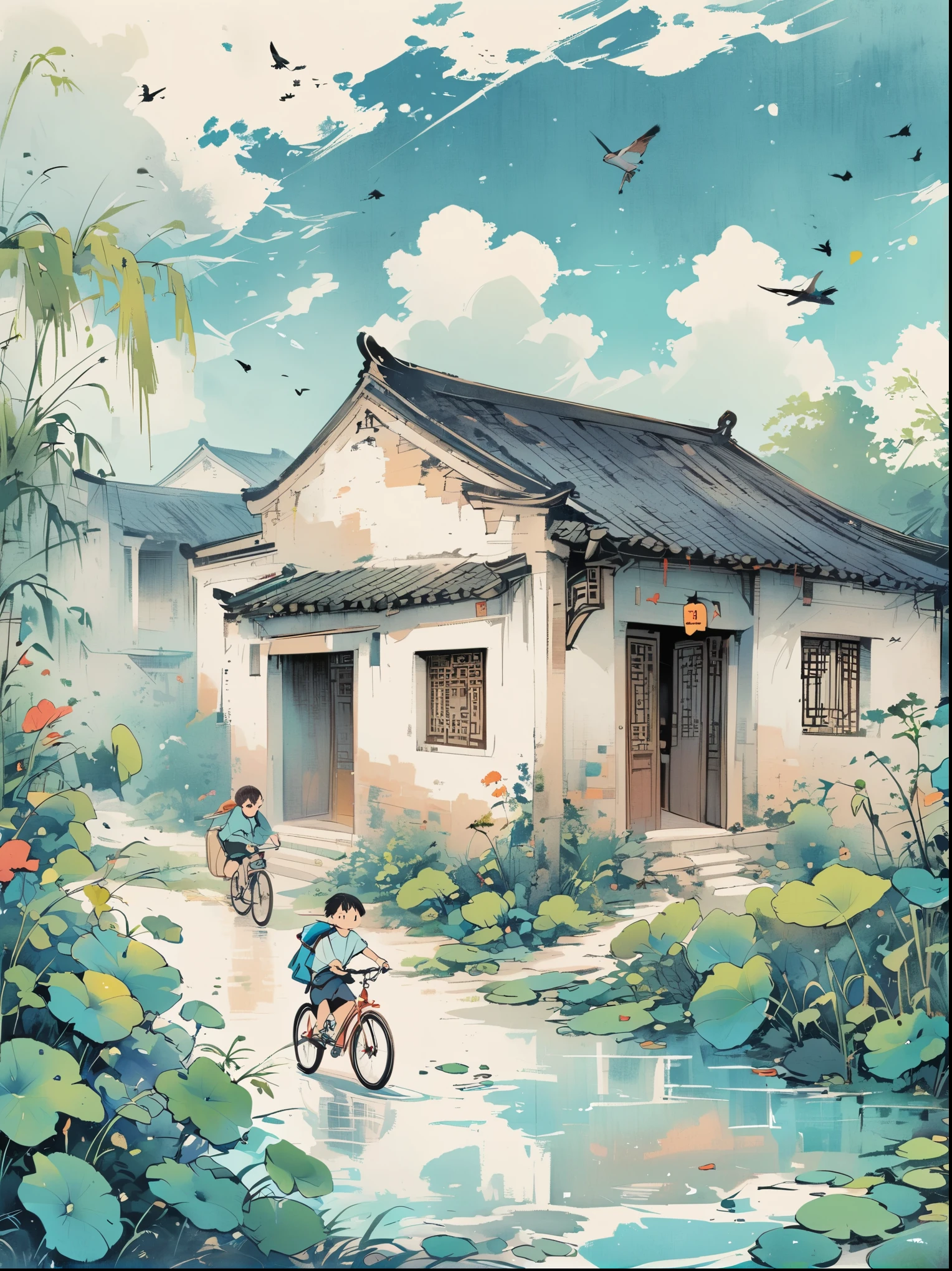 A cute ********** riding a bicycle，The background is green grass and blue sky，Chinese ink style。Cartoon character design uses light cyan as the main color，There are some white clouds floating around。He has short hair，Wearing a shirt with a teddy bear on it。Color illustration showing bubbles flying next to them。high resolution