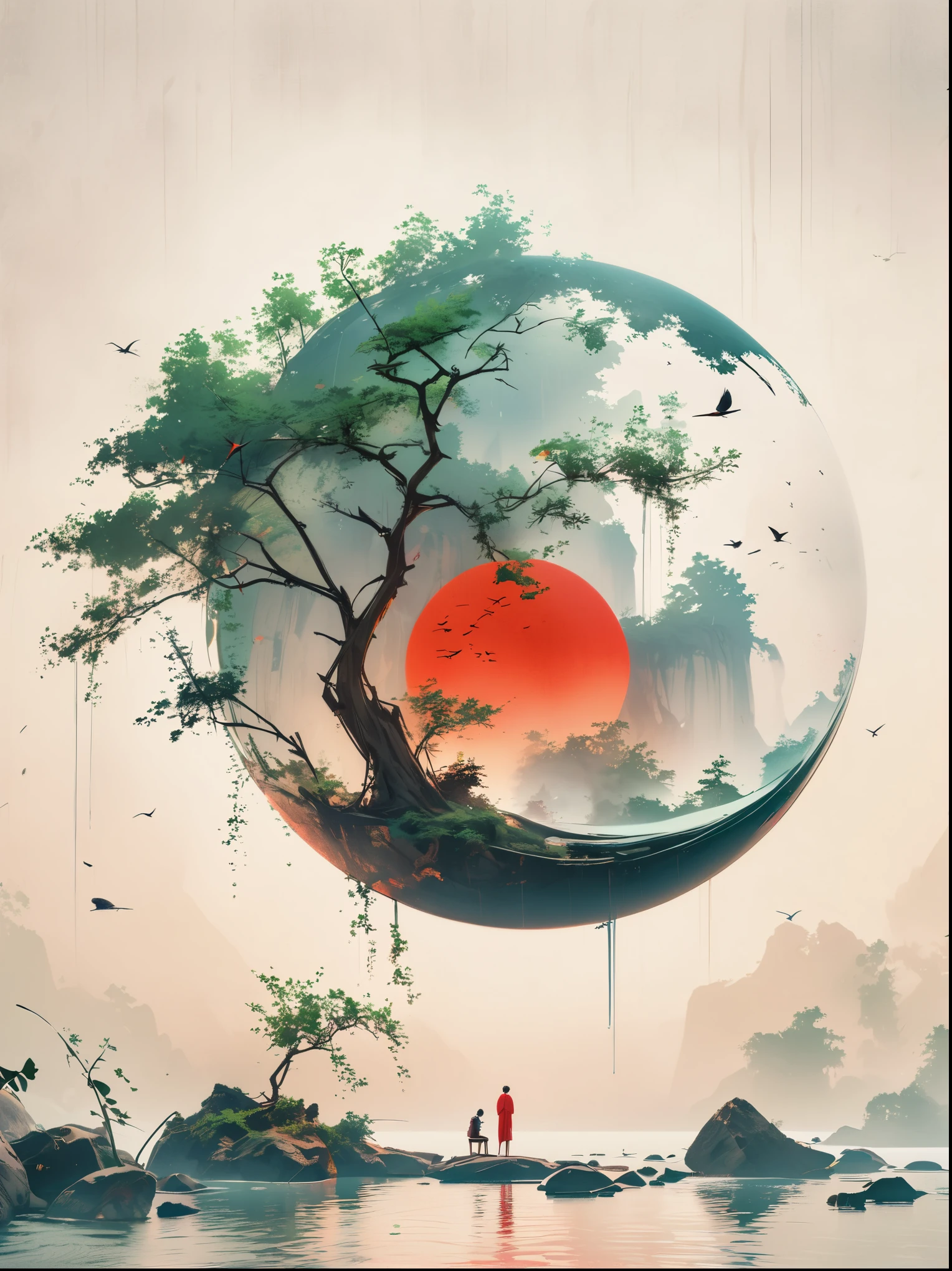 Minimalist composition red sun with black man sitting on it mirror reflection of tree and water surface, surrealism, clean background, in the style of cinema4d rendering, high resolution photography, dream scene, minimalist sculpture art installation
