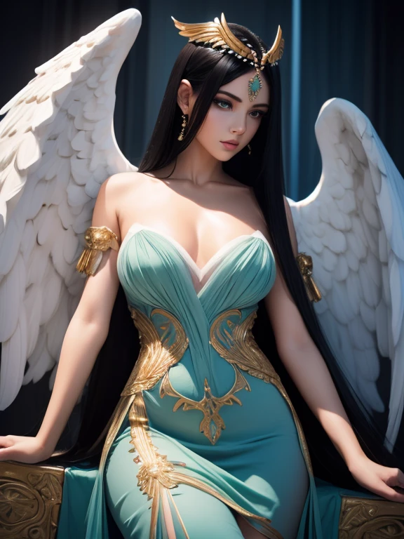 (best quality,8k:1.2,high resolution:1.2),ultra-detalhado,Realistic,vintage godess female,long black straight hair,rosto extremamente detalhado,long eyelashes,big white angel wings,soft blue and green dress with gold details,suntan pantyhose,metalic accessories,Physically-based rendering,sharp focus,white neutral background