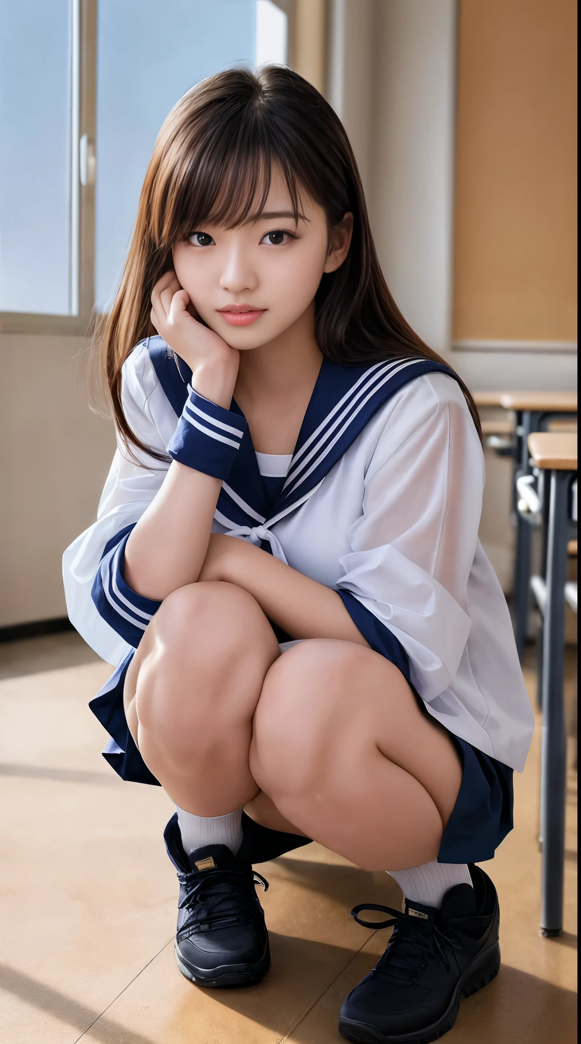 masterpiece、最high quality、high quality、high quality、premium quality、wonderful品質、Exceptional quality、excellent quality、Luxurious quality、excellent quality、best image quality、8K、super resolution、最High resolution、High resolution、最high quality、Rich shades、shining quality、crystal clear、realistic images、perfect details、Image without defects、clear image、wonderful表示、bright colors、deep contrast、high fidelity、amazing clarity、optimal performance、realistic、wonderful、perfect image、Close to reality、Realistic human body in every detail、Realistic skin in every detail、Realistic face in every detail、Realistic eyes down to the details、Realistic lips in every detail、Realistic teeth in every detail、Realistic ears down to the last detail、Realistic hair down to the last detail、Realistic arms down to the last detail、Realistic reproduction of every detail、Realistic fingers in every detail、(fine hands、thumb１reference４)、Realistic feet in every detail、pretty girl、beautiful girl、attractive girl、attractive young woman、wonderfulティーンエイジャー、adorable girl、Shining Girl、innocent girl、sweet girl、beautiful adolescent girl、cute young woman、 the girl who captures your heart、dazzling girl、elegant girl、((japanese model))、((18歳のbeautiful girl))、(black hair)、(random hairstyle)、((whole body))、((beautiful upturned chest))、(slim style、slender style)、(whole body光沢肌、Fair skin)、Detailed and realistic human body、detailed realistic skin、detailed realistic face、detailed realistic arms、detailed realistic fingers、Detailed realistic feet、soft natural light、sailor suit(summer clothes)、sailor suit(Winter clothes)、sailor skirt、sneakers、high school student、Junior School、((Sheer Mesh(クロップトップsailor suit、ミニsailor skirt))、((Squatting on bent knees in a school classroom(Pose that makes your thighs look beautiful))、random close-up