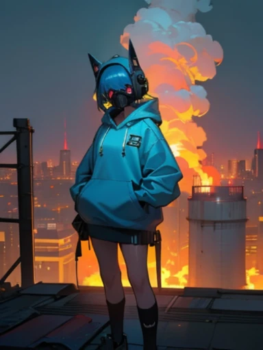 Raw photo, riot, Nuclear power plant in the background, fluorescent headgear, short hair, blue hair, junior high school girl, 18-year-old, wearing a hoodie, Open hoodie shows her little lovely , gas mask, high socks, rooftop at night, neon lights in the dark, The city in the background is on fire, 16k, realistic, real photos, Nikon D800