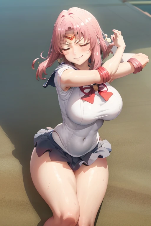 masterpiece, best quality, beautiful art, high resolution, well formed hands, body and fingers, 1 woman, solo, Hakari Hanazono, adult, big breasted, cleavage, full body , gorgeous legs and thighs, sexy sailor senshi uniform, sailor collar,long elbow gloves, skirt lifted by the wind, white leotard peeking, ryona , in peril, , defeated , knocked out, passed out, unconscious, closed eyes, laying down on the sand, exposed extended body, sexy defeated pose, sexy smirk on her face, bouncing breasts, the wind lifts her short skirt, revealing her white leotard , showing vulnerability and helplessness, defeat and KO scene, martial arts tournament on the beach