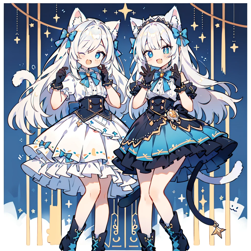 charming ,long hair,white hair,close one eye,Smile,open mouth,piece mark,A charming look,charming gesture,Sing,big blue eyes,white lolita,pleated skirt,cat ears,cat tail,nice gloves,hair accessories,bowtie,leg rings,embellished white boots,whole body,stage,one