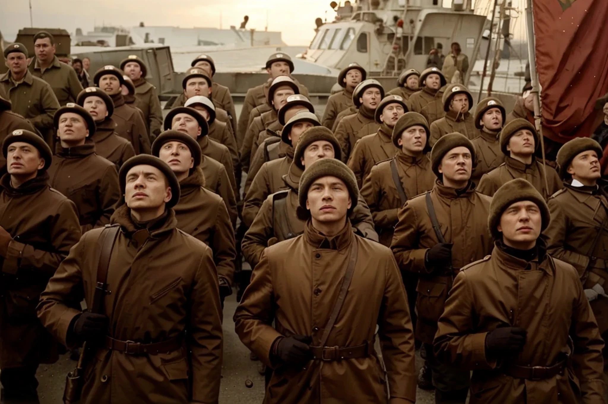 banner, shows many Soviet soldiers in Soviet winter uniform, behind the planes and submarines at sea, red flag, behind him a large crowd of Russians, and a Russian city, communist symbols, style soviet propaganda, Wojtek poster, russian letters