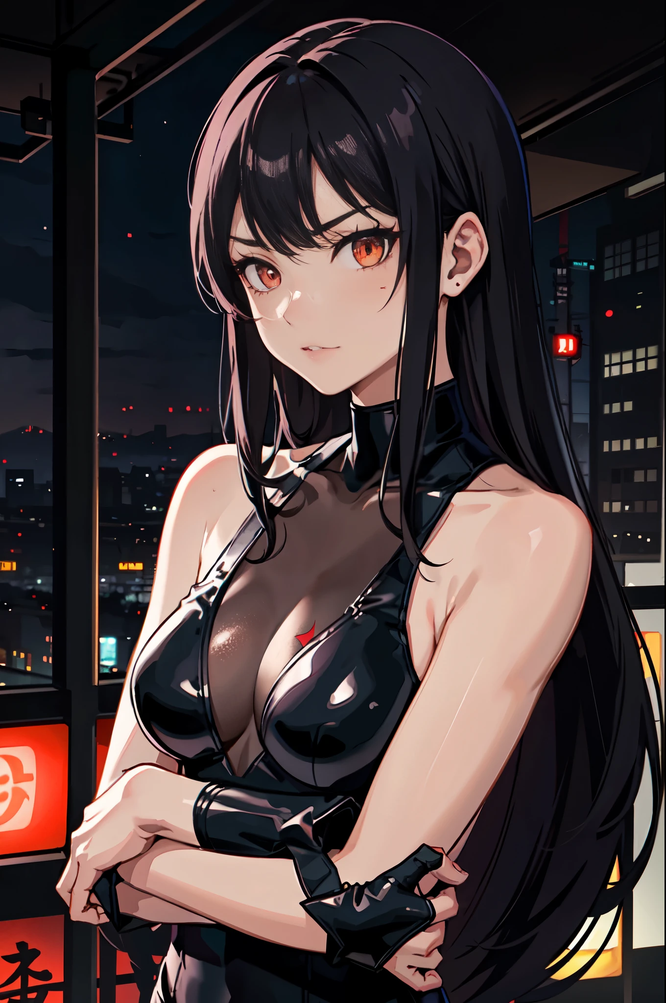 solo, solo focus, japanese yakuza mobster girl with a gymnast leotard, black hair, glowing red eyes, bare legs, arms crossed, facial scar, stylish, hdr, intricate details, hyperdetailed, cinematic, rim light, danger atmosphere, noir, night, cyberpunk lighting, tokyo street, rain, infused with blue energy, power, superpower, light particles