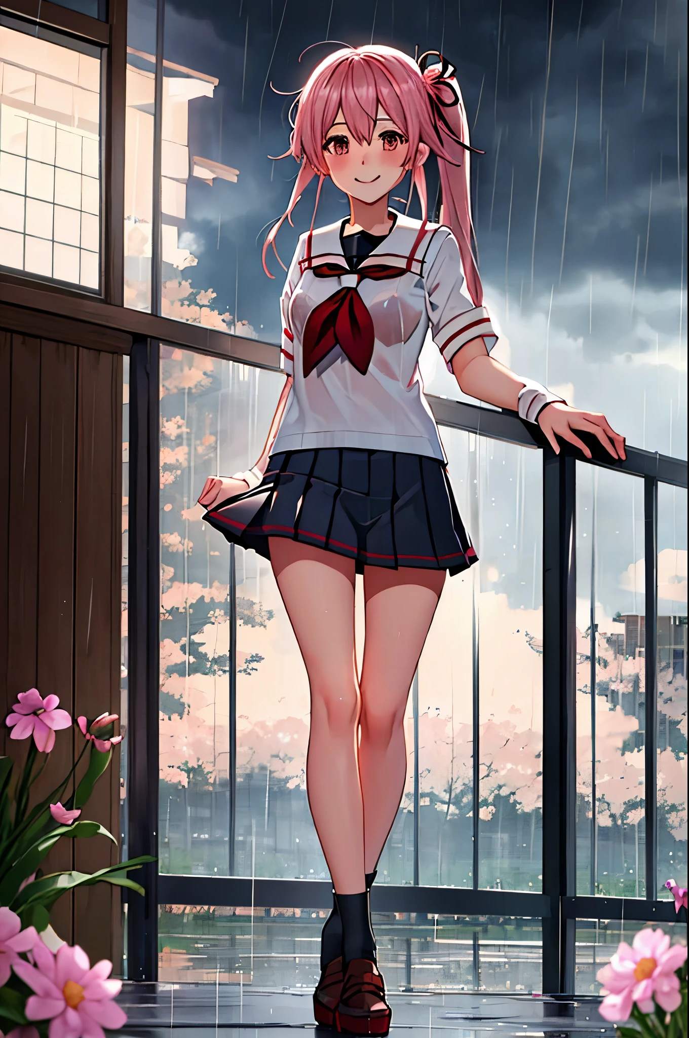 highest quality, masterpiece, High resolution, 1 girl, Spring rain (KanColle)(Spring rain 艦隊これくしょん:1.15), brown hair, red eyes,  smile, slender body, full body figure,pink hair, side ponytail, black(sailor suit), pleated skirt, classroom background, slender body, full body figure, 