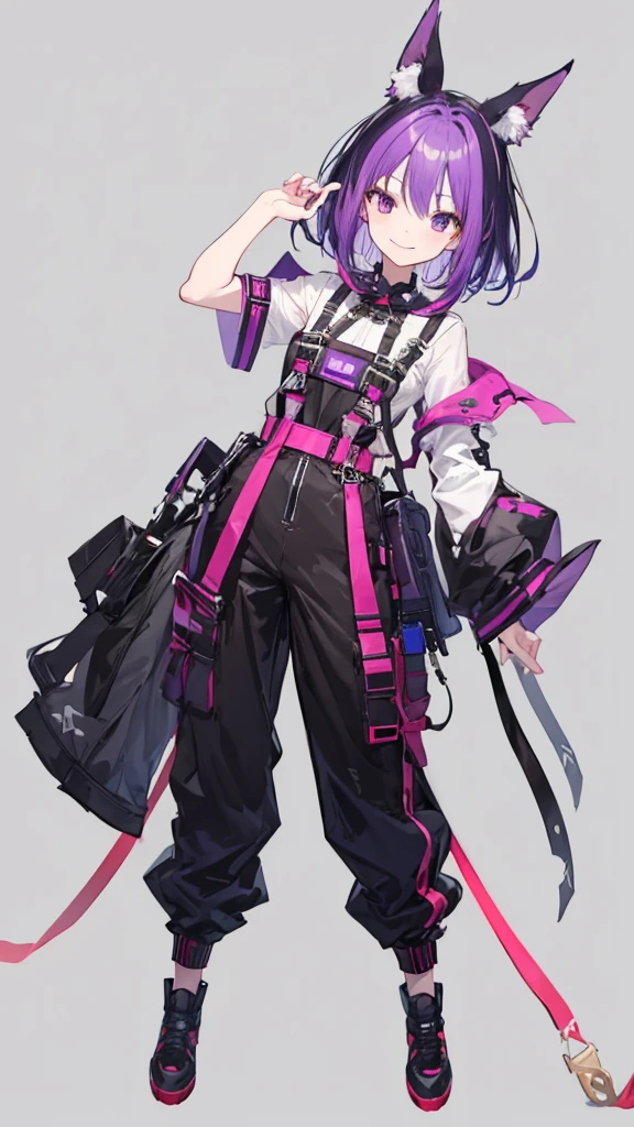 purple hair girl,medium hair,Harness,pants,simple background,smile,whole body,full body,full body,Standing position,Standing picture,vtuber,front,from front,Viewer's perspective,視線をfrontに,