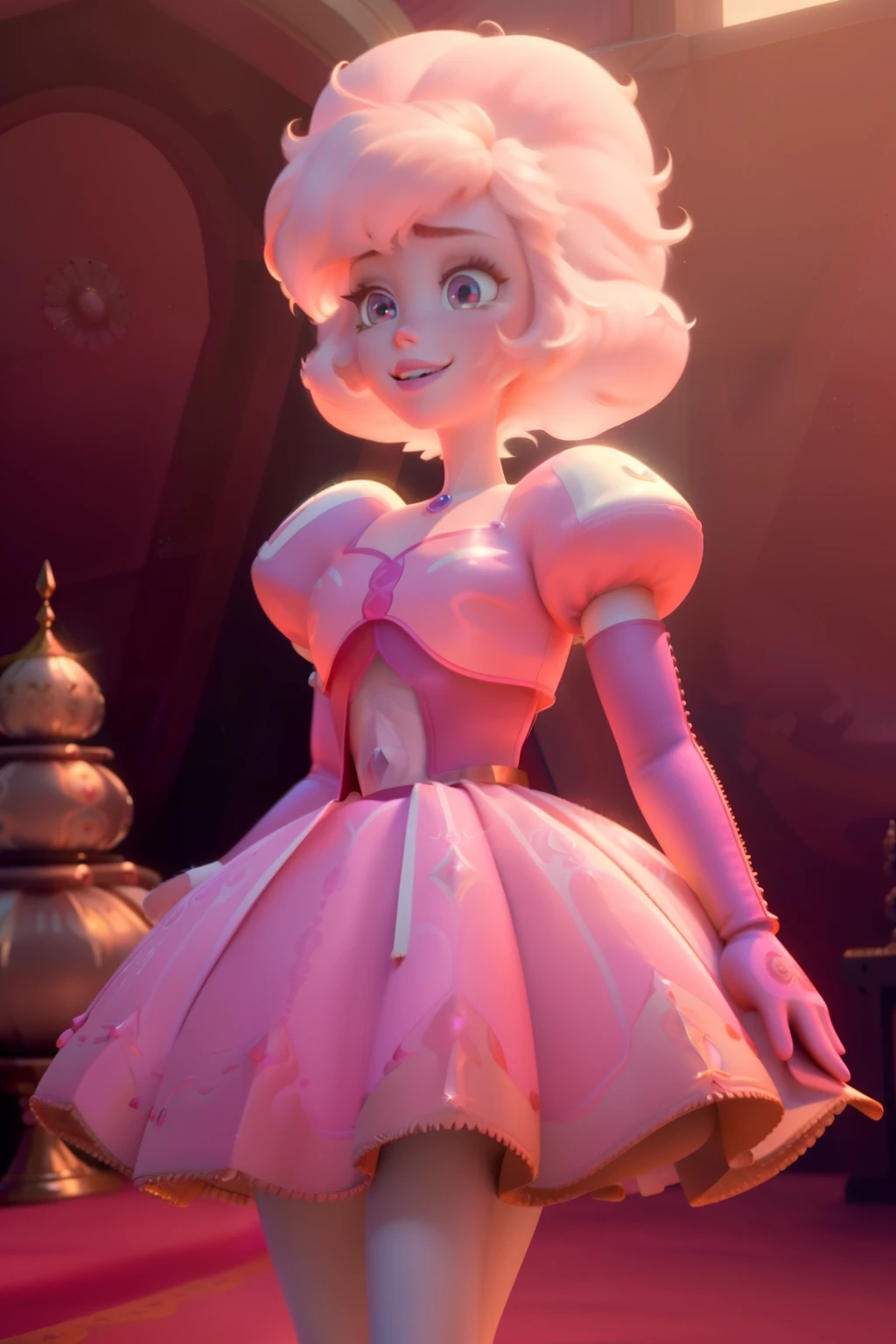 pnkdamond, pink hair, pink eyes,  big hair,  stomach gem,  pink skin,  toned, 
puffy short sleeves, elbow gloves ,  white thighhighs,   puffy dress, 
standing, upper body, 
 outerspace,  
(insanely detailed, beautiful detailed face,beautiful detailed eyes, masterpiece, best quality) cinematic lighting,  smile, 
 