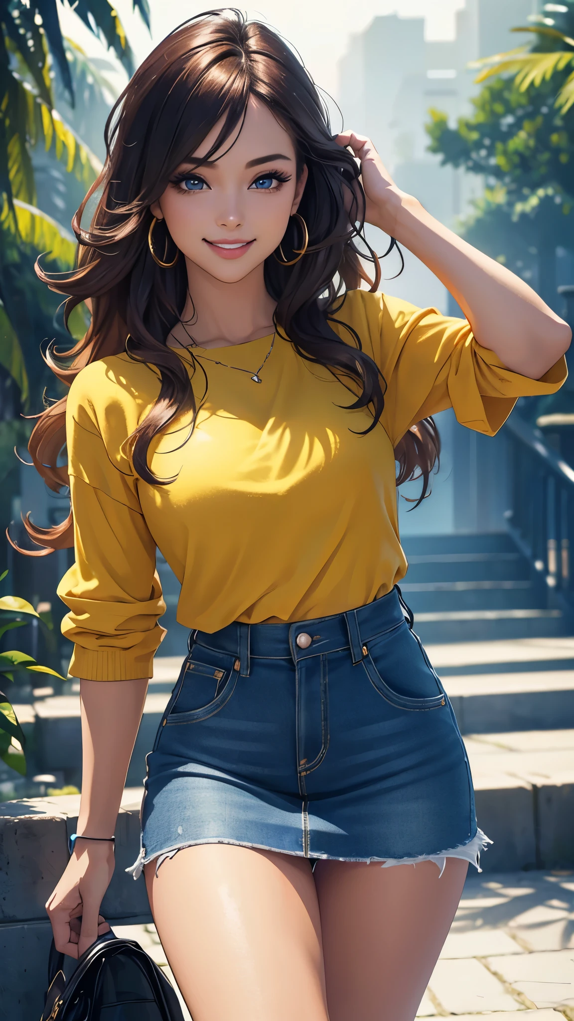 (best quality,ultra-detailed,photo-realistic:1.37),bright and vibrant colors,studio lighting,playful expression,stylish makeup, jean mini skirt,hair flowing in the wind,alluring eyes,glossy lips,sexy pose, smiling in a confident and seductive way,posing for a professional photoshoot,shallow depth of field,highlighting the main subject,soft natural lighting,creating a dreamy and magical atmosphere.