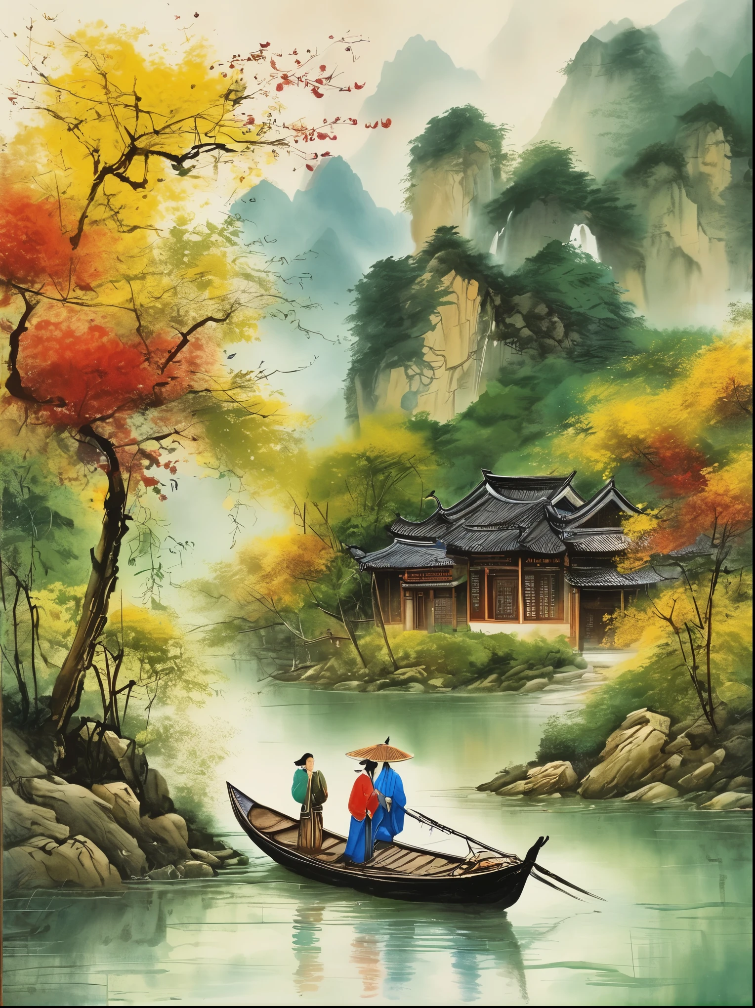 Qiman.com, a river,There is a boat in the water,There is an island on a mountain, ink painting, Chinese style,