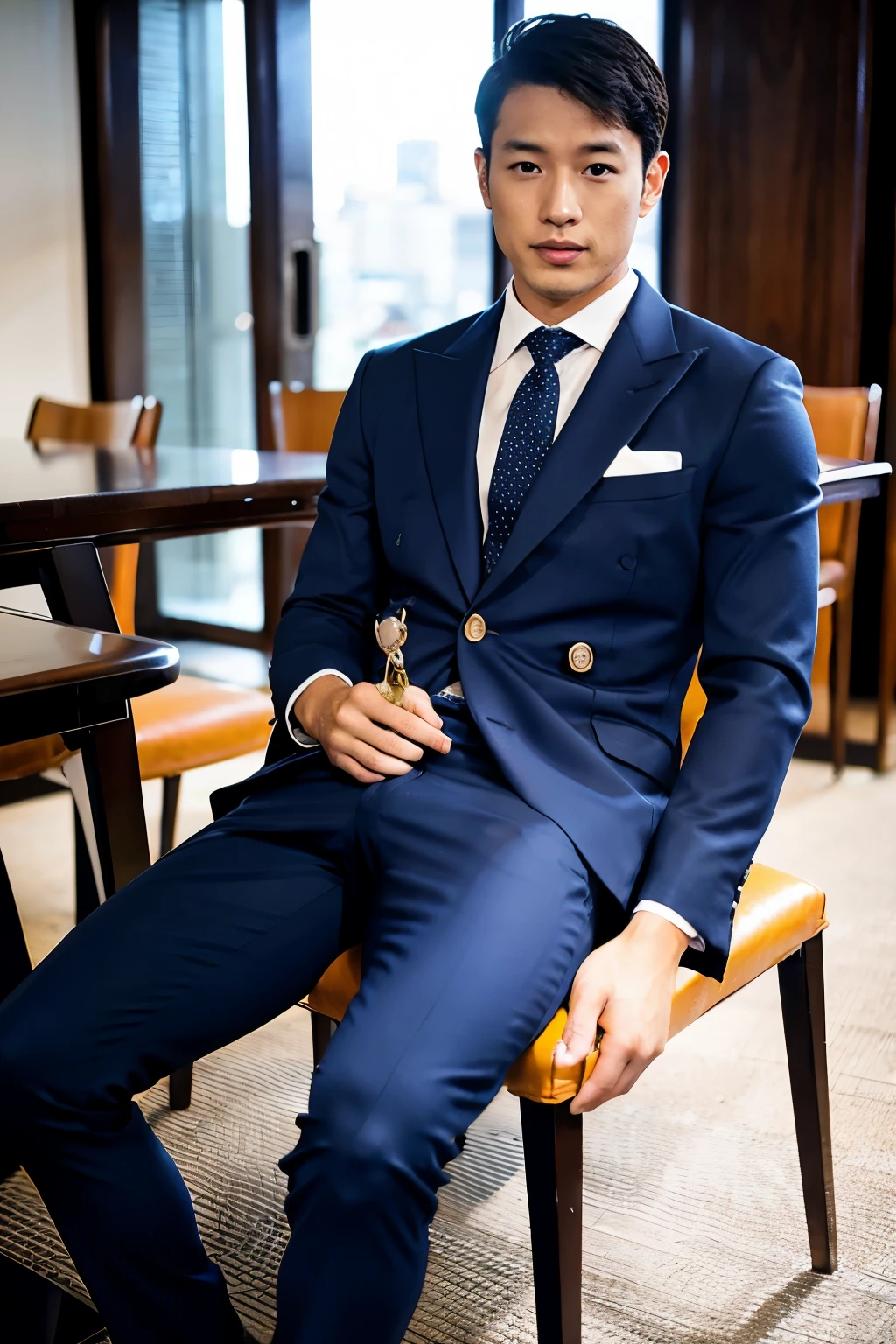 Asian, navy suit, bulge emphasis, erection, crotch, large thighs, male, very short inseam, sitting on a chair
