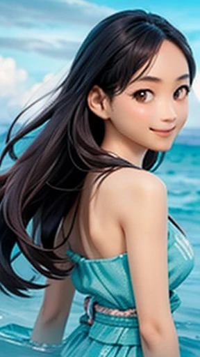 highest quality、realistic、Japanese、girl、zoom、look up、cute、orange eyes、twin tails、black hair、all back、Forehead is coming out、Ocean、turquoise swimsuit、joy、Grinning、face close up、small breasts、slender