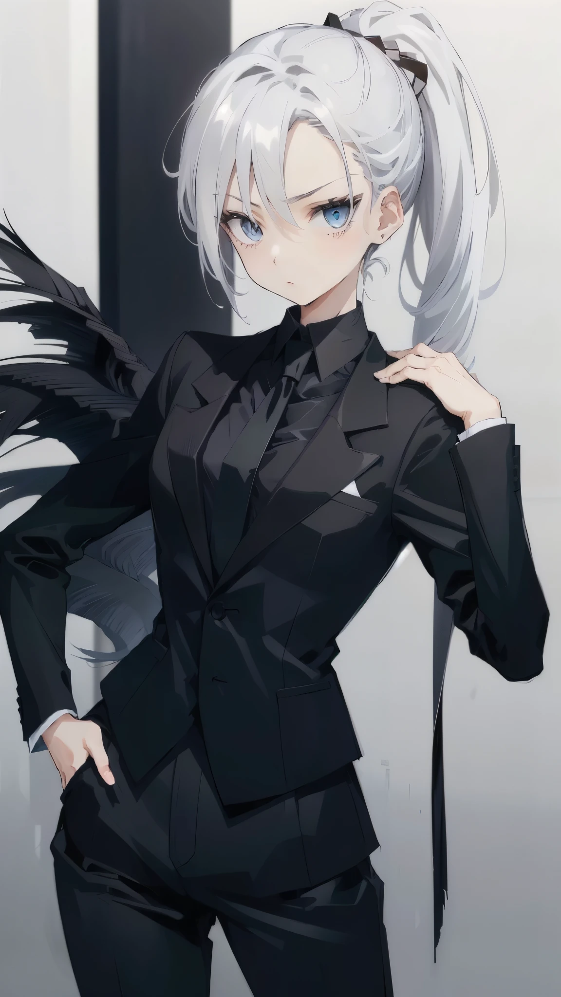 Black business suit. Black pants. Black shirt. Black tie. Blue eyes. White ponytail. Ponytail hairstyle. Grey hair. Hair color is white. Grey hair. Girl. Human. Alone. A girl.